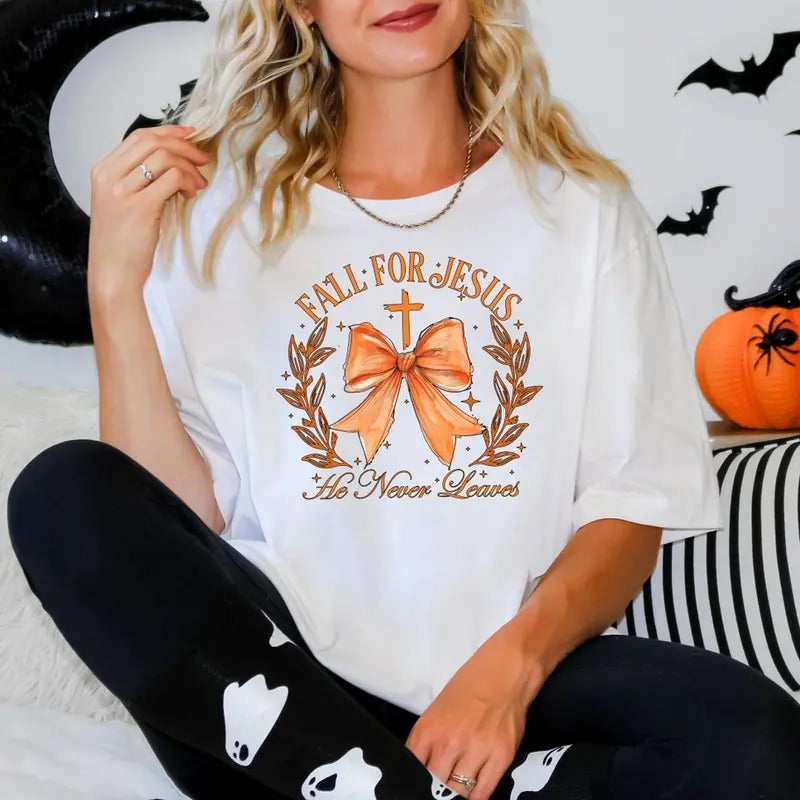 Fall Shirt, Fall For Jesus He Never Leaves Shirt, Fall For Jesus Shirt, Jesus Sweatshirt, Autumn Sweatshirt Cotton Womenswear