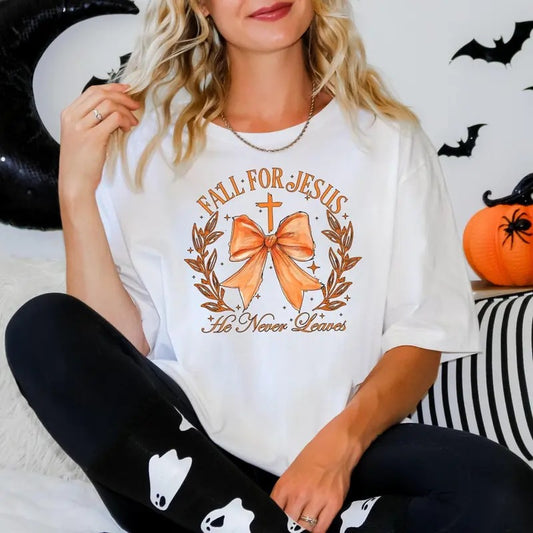 Fall Shirt, Fall For Jesus He Never Leaves Shirt, Fall For Jesus Shirt, Jesus Sweatshirt, Autumn Sweatshirt Cotton Womenswear