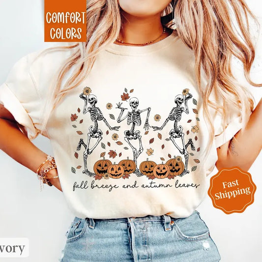 Fall Skeleton Shirt Comfort Colors, Halloween Tshirt,  Fall Vibes Shirt for Women Oversized Crewneck Tee