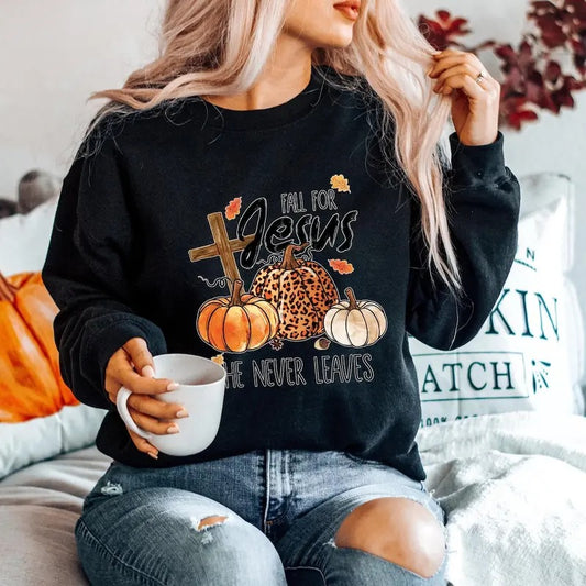 Fall Sweatshirt, Fall For Jesus He Never Leaves Shirt, Fall For Jesus Shirt, Jesus Sweatshirt Cotton Polyester Womenswear Hoodie
