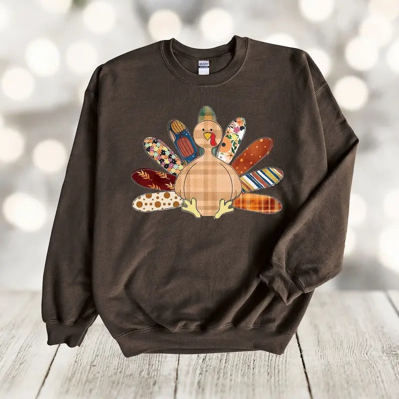Fall Sweatshirt, Patchwork Turkey, Thanksgiving Turkey, Quilted Turkey, Gildan Sweatshirt Cotton Menswear