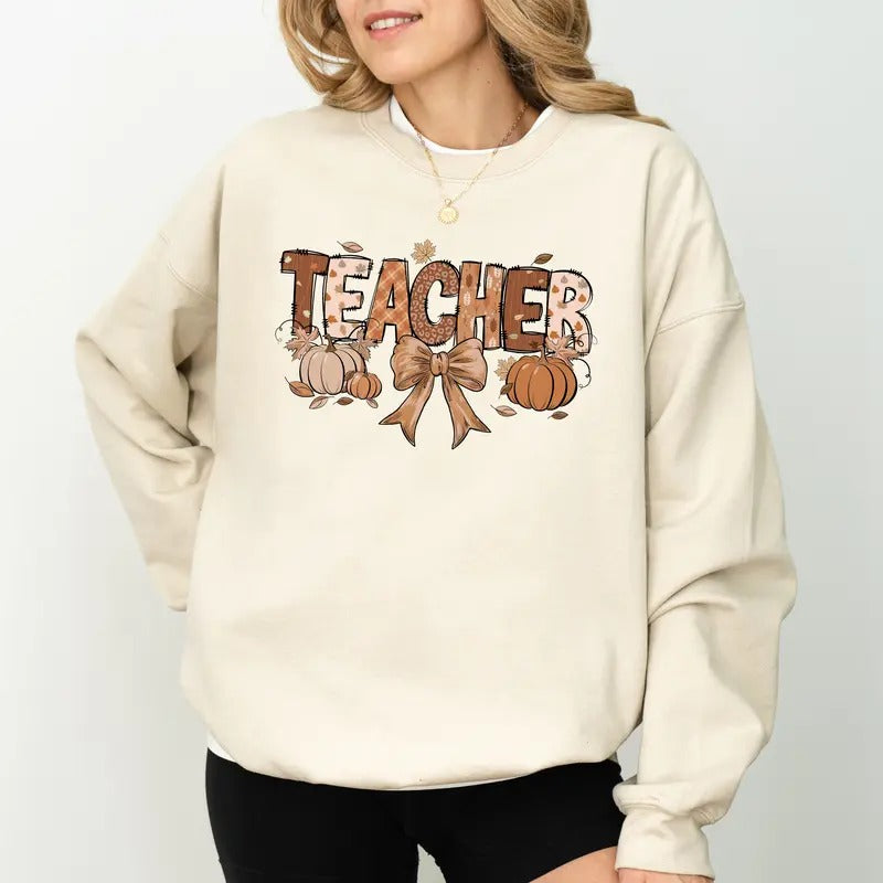 Fall Teacher Sweatshirt, Vintage Coquette Bow Sweatshirt For Teachers, Pumpkin Teacher Crewneck, Autumn Teacher Pullover, Cute Fall Bow Teacher Sweater, Comfy Long Sleeve Pullover, Unhinged Fabric Women's Tops, Fall Casual Womenswear, Soft Cozy Cotton Top