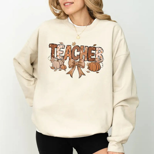 Fall Teacher Sweatshirt, Vintage Coquette Bow Sweatshirt For Teachers, Pumpkin Teacher Crewneck, Autumn Teacher Pullover, Cute Fall Bow Teacher Sweater, Comfy Long Sleeve Pullover, Unhinged Fabric Women's Tops, Fall Casual Womenswear, Soft Cozy Cotton Top
