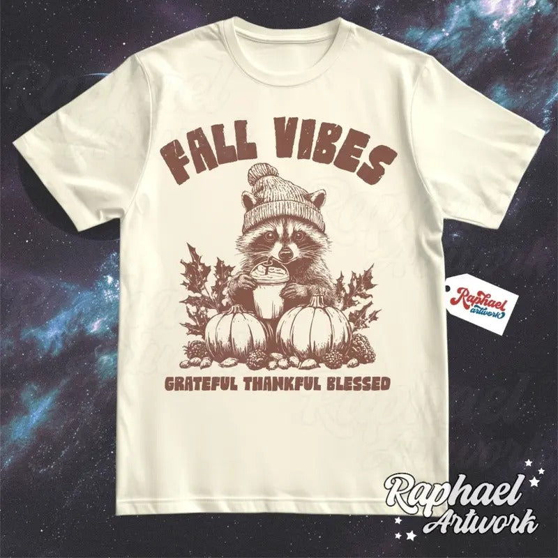 Fall Vibes Halloween Vintage Shirt, Retro 90s Fall Tshirt, Cute Racoon Graphic Tee, Thanksgiving Outfit, Autumn Pumpkin Unisex Cotton Menswear Polyester
