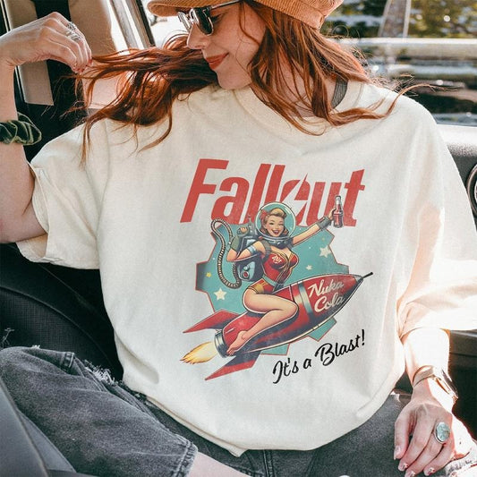 Fallout Graphic Shirt Retro Nuka Cola Bottle Cap with Vintage Ad on Back Video Game Hoodie Fall Out Vault Tec Memorabilia Sweatshirt