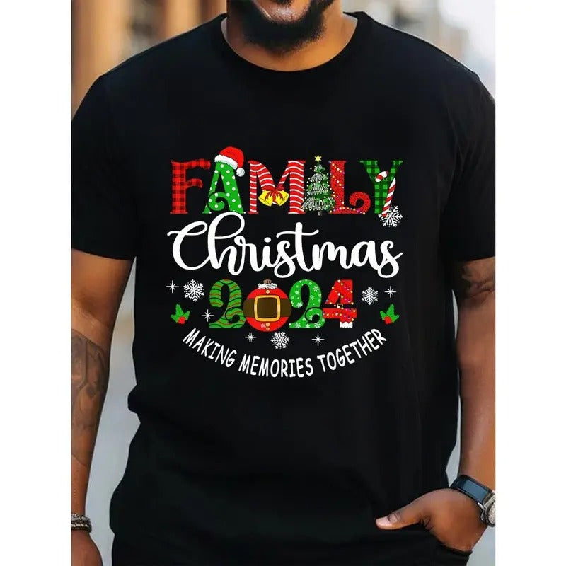 Family Christmas 2024 Casual Cotton T-Shirt for Men, Couple Matching Crew Neck Top with Slight Stretch, Knit Fabric Regular Fit, Summer Weekend Casual Wear with Festive Pattern Made in USA