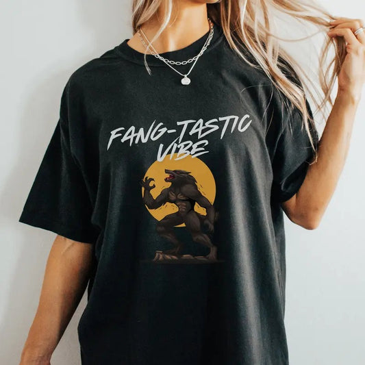 Fang-tastic Vibes Halloween Tshirt Funny Wearwolf Oversized Pump Cover For Gym Halloween Night Cool Halloween Fantastic Vibe Shirt