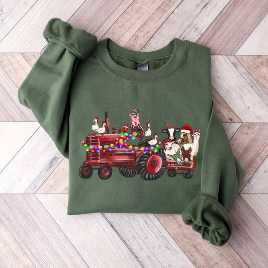 Farm Animals Christmas Sweatshirt, Christmas Farm Animals Truck Shirt, Christmas Animals Sweater, Country Christmas T-Shirt Classic Cotton