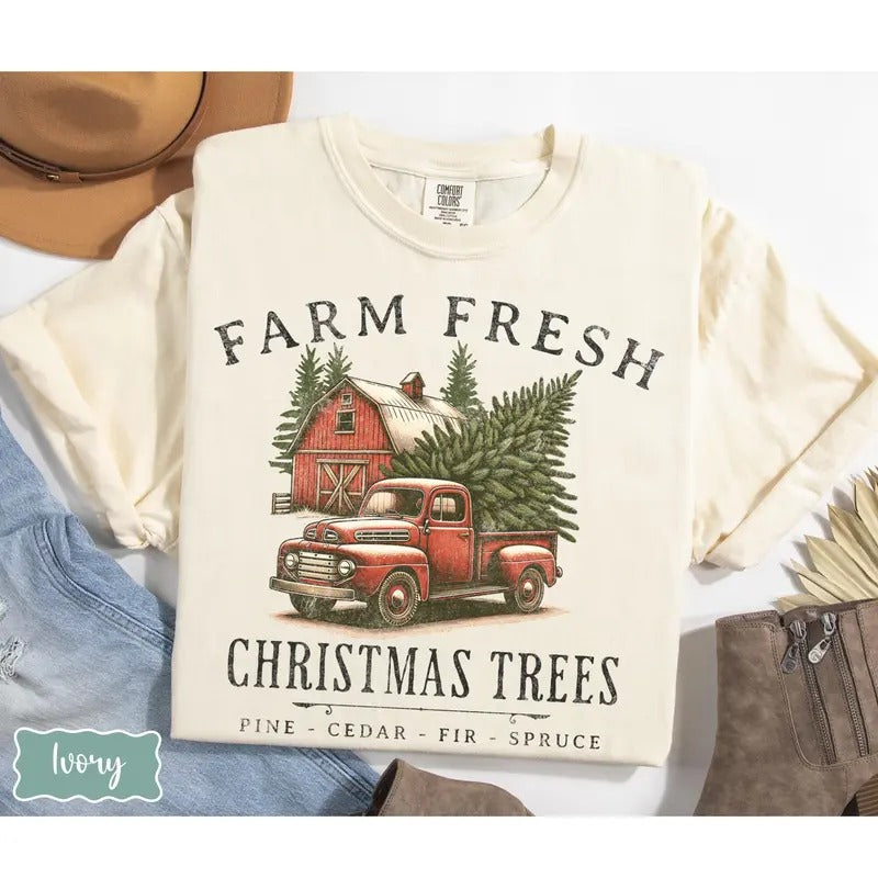 Farm Fresh Christmas Trees Shirt, Rustic Farmhouse Pickup Truck Christmas Shirt, Cute Christmas Shirt, Winter Holiday Shirt