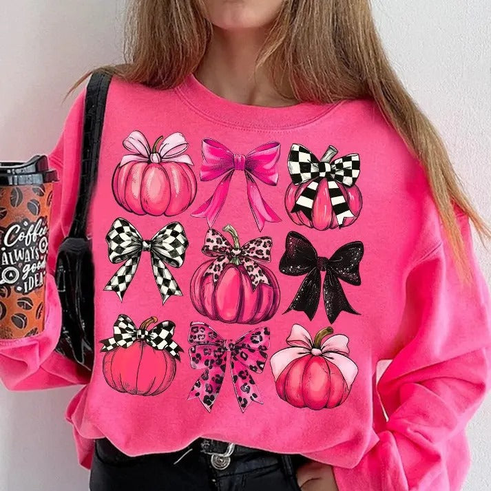 Farm Fresh Pumpkins Sweatshirt, Coquette Pumpkin Shirt, Fall Pumpkin Checkered - Pink Autumn Pumpkin 100% Cotton - Fabric