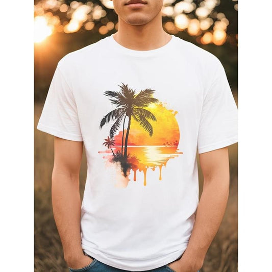 Fashionable Men's Sea Sunset Coconut Tree Print Round Neck Short Sleeved T-shirt Made in USA
