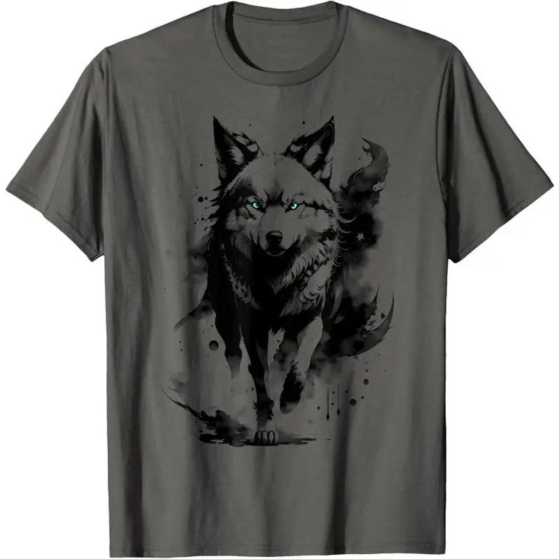 Fashionable wolf with blue eyes in artistic design T-Shirt Made in USA