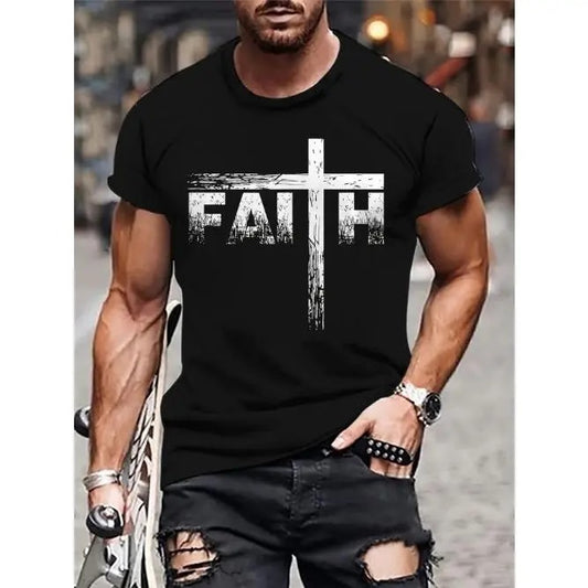[Fast Arrival] Stylish Faith Graphic Men's T-Shirt - Casual Short Sleeve Crew Neck Tee for Outdoor Activities - Comfortable Fit, Soft Fabric, and Vibrant Print Made in USA