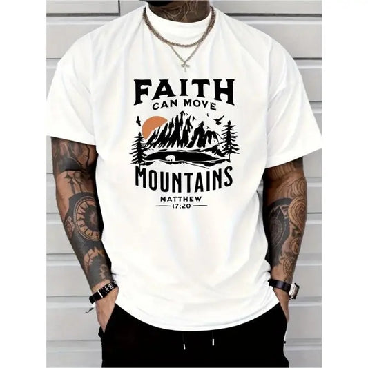 [Fast Arrival] Uplifting Faith Can Move Mountains Graphic Tee - Men's Crew Neck Short Sleeve Cotton T-Shirt - Casual Summer Wear, Daily Essentials, Resort Vacation, and Outdoor ActivitiesMade in USA