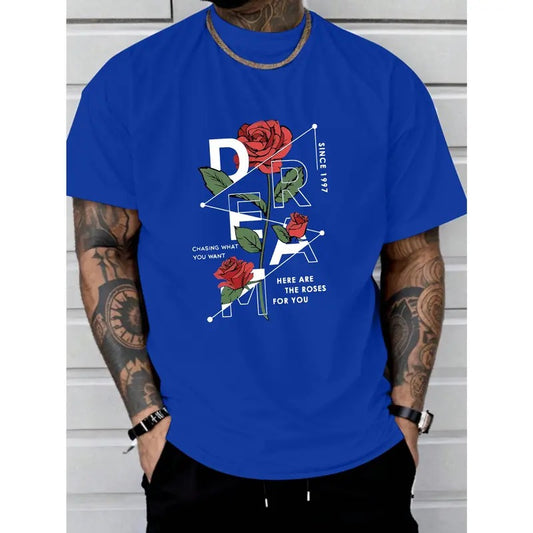 [Fast Arrival] Vibrant Rose Print Relaxed Fit Tee Shirt - T-Shirts for Men - Soft, Breathable, Casual Short Sleeve Summer Essential with Comfortable Crew Neck Made in USA