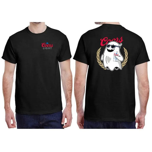 Fat Ghost Hold Beer T-Shirt - Black Cotton Top with Graphic Design, Perfect for Halloween and Fans, Ideal Gift for the Holiday