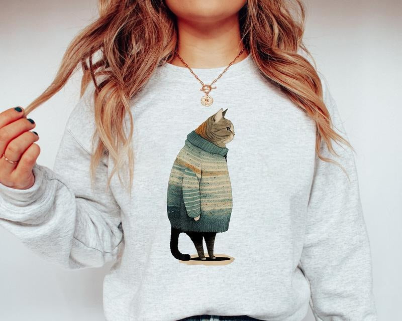 Fat Gray Cat in Sweatshirt, Funny Cat Wearing A Sweater, Cat Lover Shirt, Pet Lover Shirt, Cat Shirt