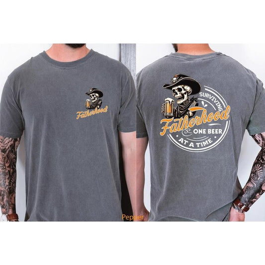 Fatherhood Surviving One Beer At A Time Shirt fatherhood Dad Teefunny Skull Teesarcastic Pocket And Back DesiGD
