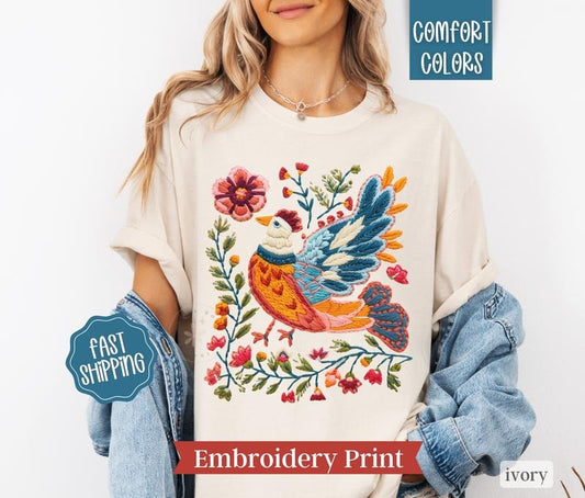 Faux Embroidery Cottagecore Bird Shirt Comfort Colors,  Embroidery Printed Bird Tshirt, Boho Floral Tee