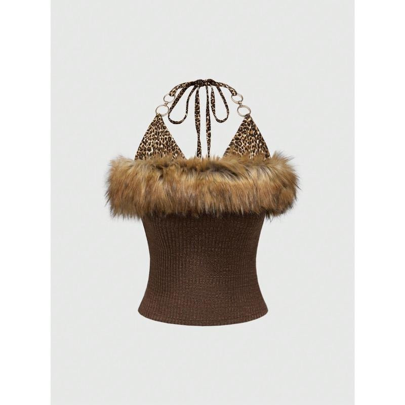 Faux Fur Leopard Halter Tops Metal Ring Tie Back Y2k Concert Top