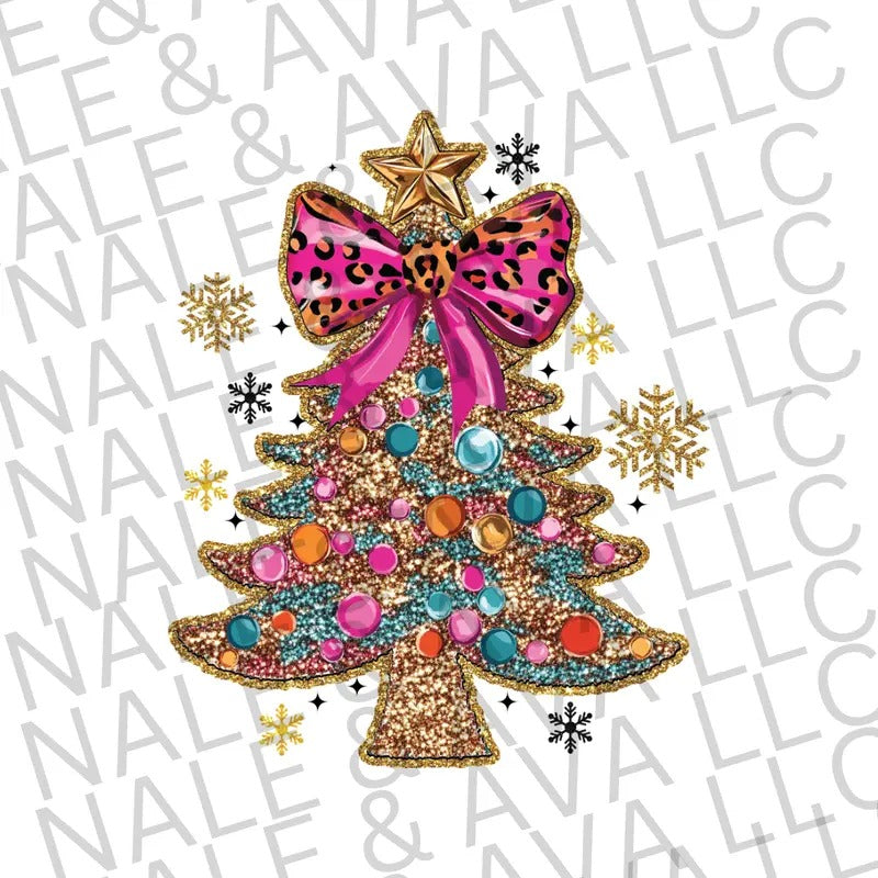 Faux Glitter Pink Christmas Tree DTF Transfer