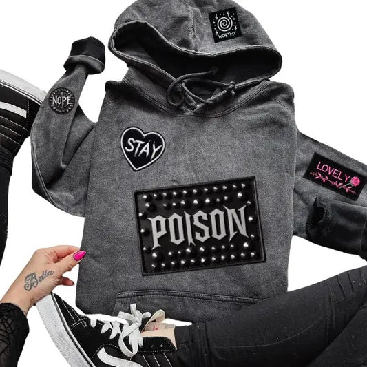Faux Patch "Poison, Stay, Worthy, Lovely, Nope" Goth-Inspired Hoodie | Menswear & Womenswear | Mental Health Pullover | Unique Gothic Streetwear