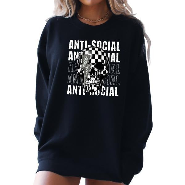 ANTISOCIAL Skull w/ Faux Rhinestone Lightning Bolt Graphic T-Shirt, Long Sleeve Crewneck or Hoodie, Grunge Alt Aesthetic | Edgy Streetwear, Womenswear