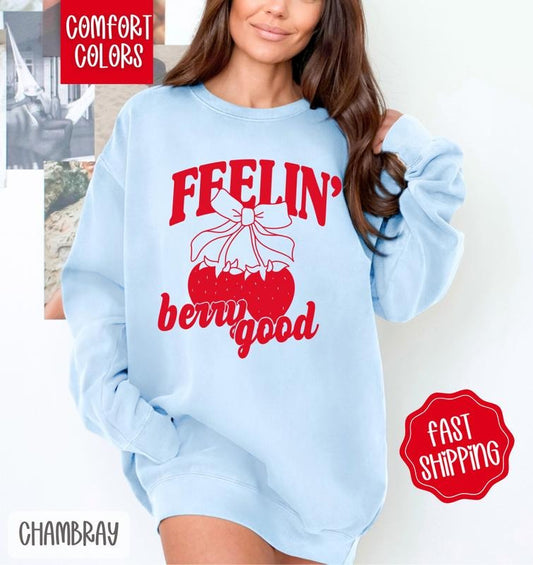 Feelin' Berry Good Comfort Colors Sweatshirt, Cute Strawberry Bow Crewneck, Trendy Coquette Women's Sweater, Gift for Her