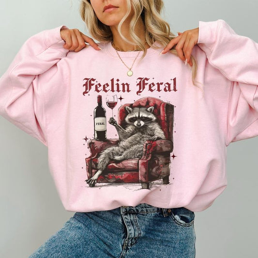 Feelin Feral Raccoon Halloween Sweatshirt, Funny Raccoon Crewneck, Retro Trash Panda Sweatshirt, Sarcastic Adult Humor Sweater, Feral Shirt, Comfy Long Sleeve Pullover, Cute Womens Tops, Halloween Casual Womenswear, Comfort Cotton Fabric Relaxed Top