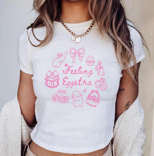 Feeling Eggstra Baby Tee, Happy Easter Baby Tee, Cute Bunny Baby Tee, Y2k Easter Rabbit Tee Shirt, Coquette Easter Baby Tee