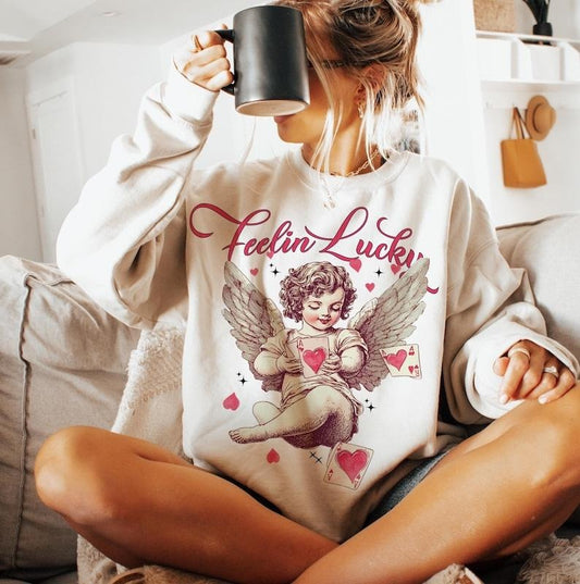 Feeling Lucky Cupid Valentines Sweatshirt Valentines Day  , Funny Vday , Aesthetic Valentines , Love, Heart
