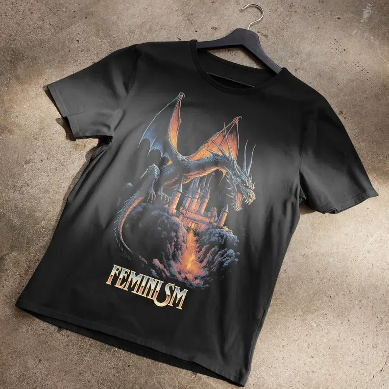 Feminism Dragon Graphic Shirt, Gothic Fantasy Dragon Castle Shirt, Feminist Dark Fantasy Tee, Retro Feminism Graphic, Feminism Dragon Shirt