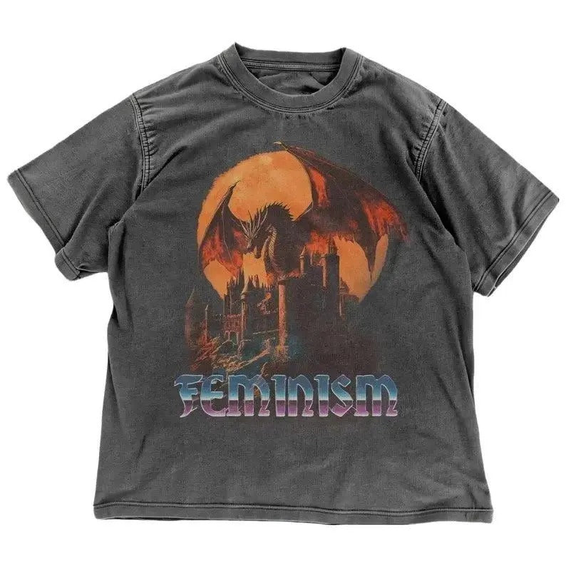 Feminism Dragon Graphic T-Shirt - Gothic Fantasy Dragon Castle Tee - Feminist Dark Fantasy Tee - Vintage Feminism Graphic Tee 100% cotton Shortsleeve