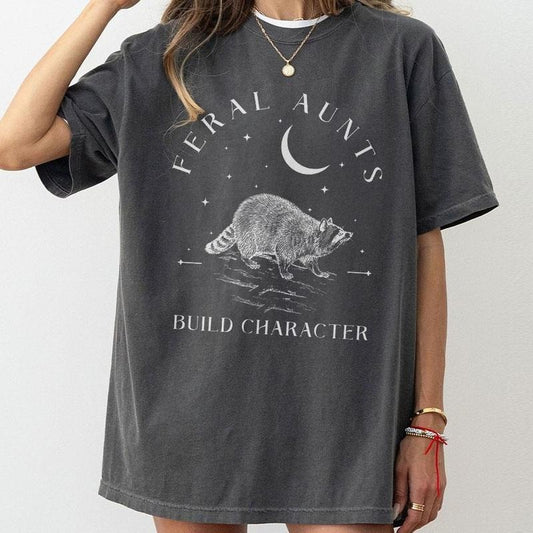 Feral Aunts Build Character Shirt, Raccoon Lover Aunt Shirt, Vintage Raccoon Art Crescent Moon Tee, Whimsigoth Aunty Tee, Aunty Shirt, Weird Gifts For Aunt, Raccoon Lover, Auntie Women Top