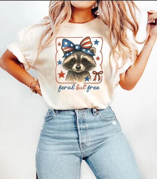 Feral But Free Raccoon Shirt, Funny 4th of July Tee, Patriotic Raccoon Shirt