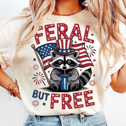 Feral But Free Tshirt, Patriotic Raccoon Tee, Funny 4th of July Shirt, USA Freedom Shirt Art, Independence Day Clipart