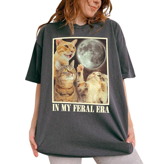 Feral Cat Shirt, In My Feral Era Tee, Three Cats Retro Moon Graphic Shirt, Vintage Cat Moon Tshirt, Cat Lovers, Funny Cat Tee, Oversized Washed Shirt for Women, Comfy Oversized Graphic Tee, Cotton Fabric Relaxed Fit Chic Style