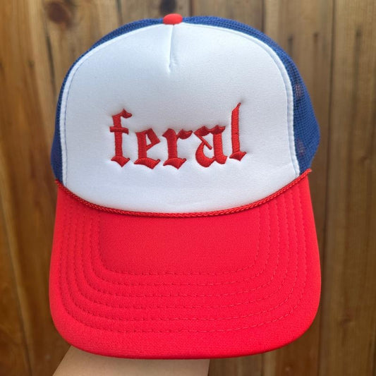 Feral Embroidered Foam Trucker Red White and Blue Hat 4th of July Hat