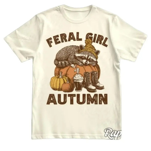 Feral Girl Autumn Racoon Vintage Shirt, Retro 90s Fall Tshirt, Cute Halloween Pumpkin Graphic Tee, Thanksgiving Outfit Cotton Womenswear Light Polyester