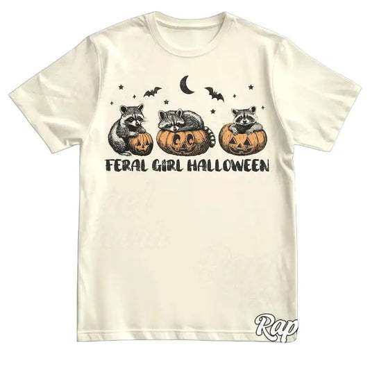 Feral Girl Halloween Racoon Vintage Shirt, Retro 90s Fall Tshirt, Cute Autumn Pumpkin Graphic Tee Cotton Womenswear