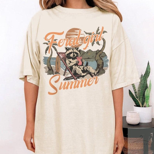 Feral Girl Summer Raccoon Shirt - Cute Raccoon Design, Lightweight Cotton, Funny Meme T-Shirt for Women