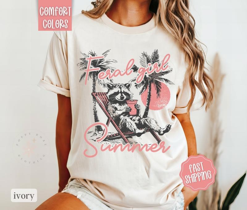 Feral Girl Summer Shirt Comfort Colors, Beach Shirt, Funny Raccoon Shirt, Oversized Graphic Tshirt, Women's Tshirts, Swimsuit Cover, Shirt Dress