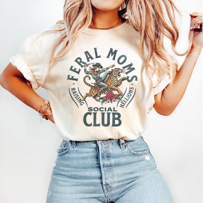 Feral Moms Social Club Tshirt-sweatshirt-hoodie,Vintage Graphic Tee, Feral Mom Gift, Somebody's Feral Wife, Mom Life Shirt, Trendy Mom Apparel Top Womenswear Streetwear