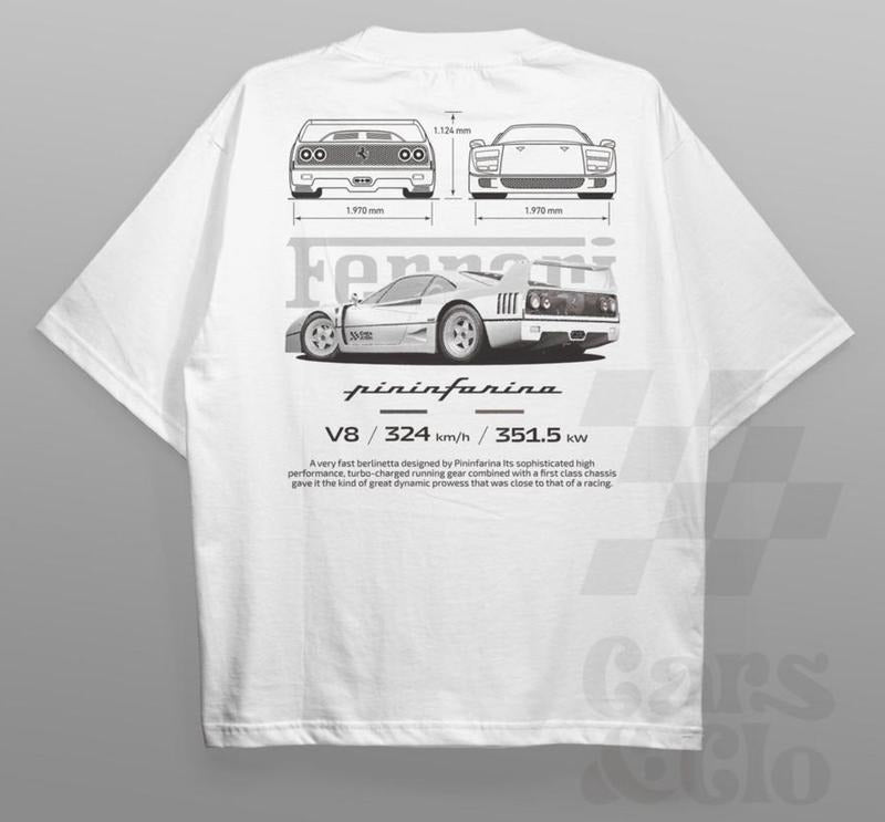 Ferrari F40 Pininfarina Aesthetic Tshirt, Ferrari F40 Blueprint T-Shirt, Ferrari F40 Vintage Shirt Menswear Top Underwear Streetwear WHITE Round Neck Crewneck Shortsleeve Tropical Operator Casual