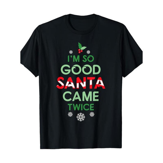 Festive "Santa Came Twice" Christmas T-Shirt, 100% Cotton, Crew Neck, Short Sleeve, Regular Fit, with Geometric Pattern,...