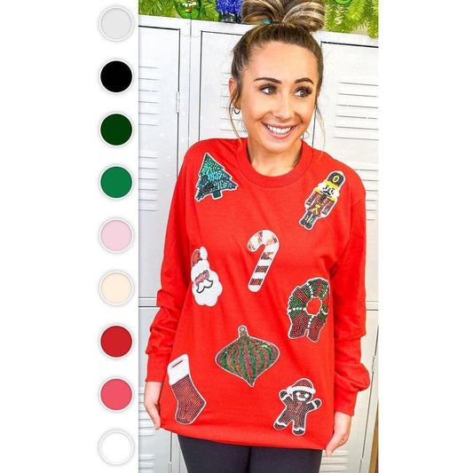 Festive Christmas Sparkle Sequin Long Sleeve Graphic T-Shirt
