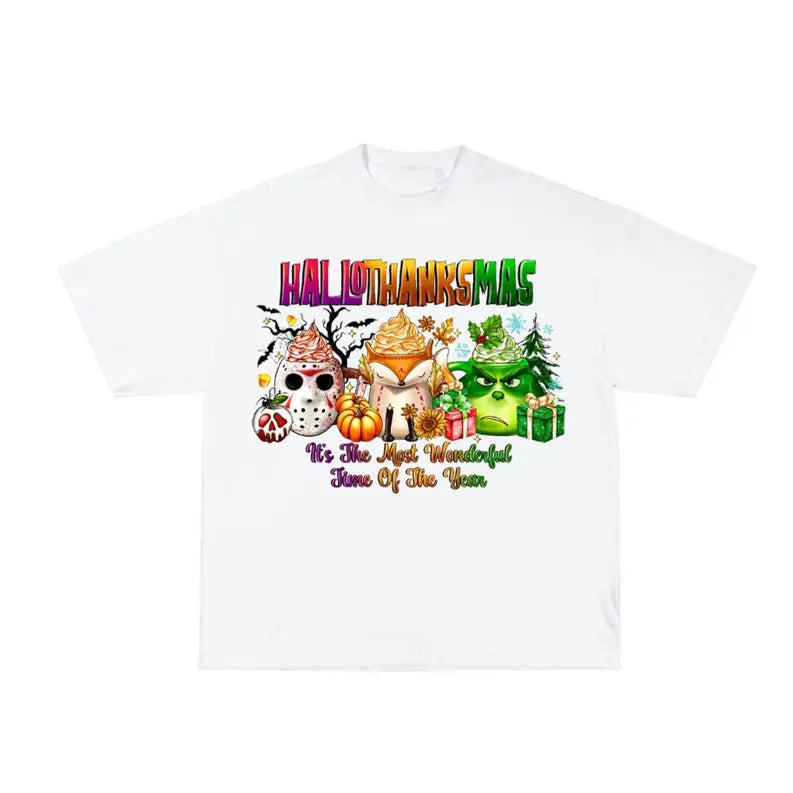 Festive Fusion: HalloThanksMas Tee for the Ultimate Holiday Celebration