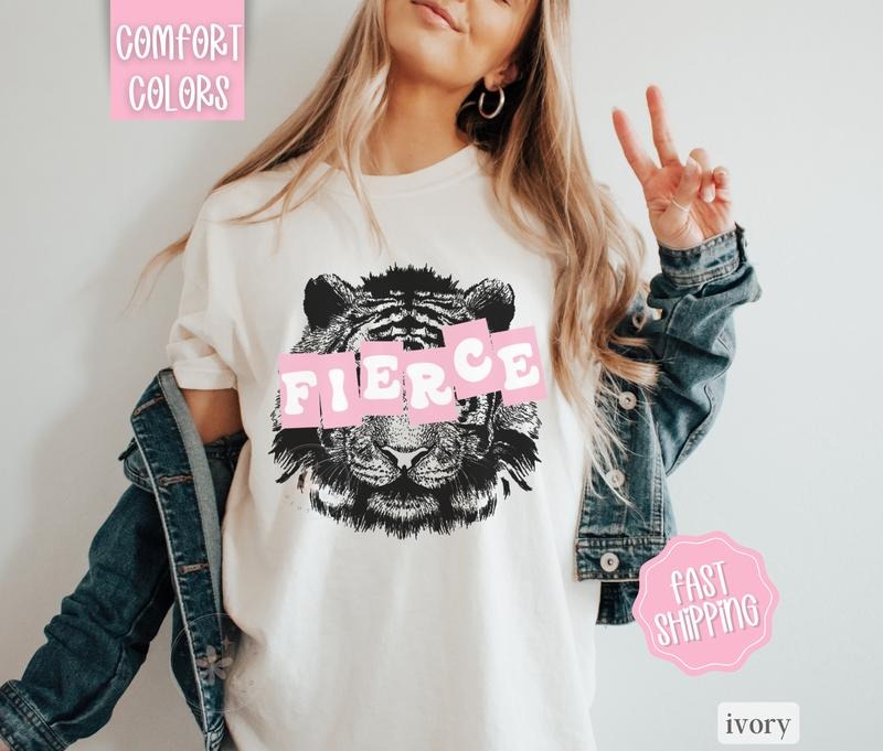 Fierce Tiger Shirt Comfort Colors, Oversized Womens Graphic Tshirt, Swimsuit Cover