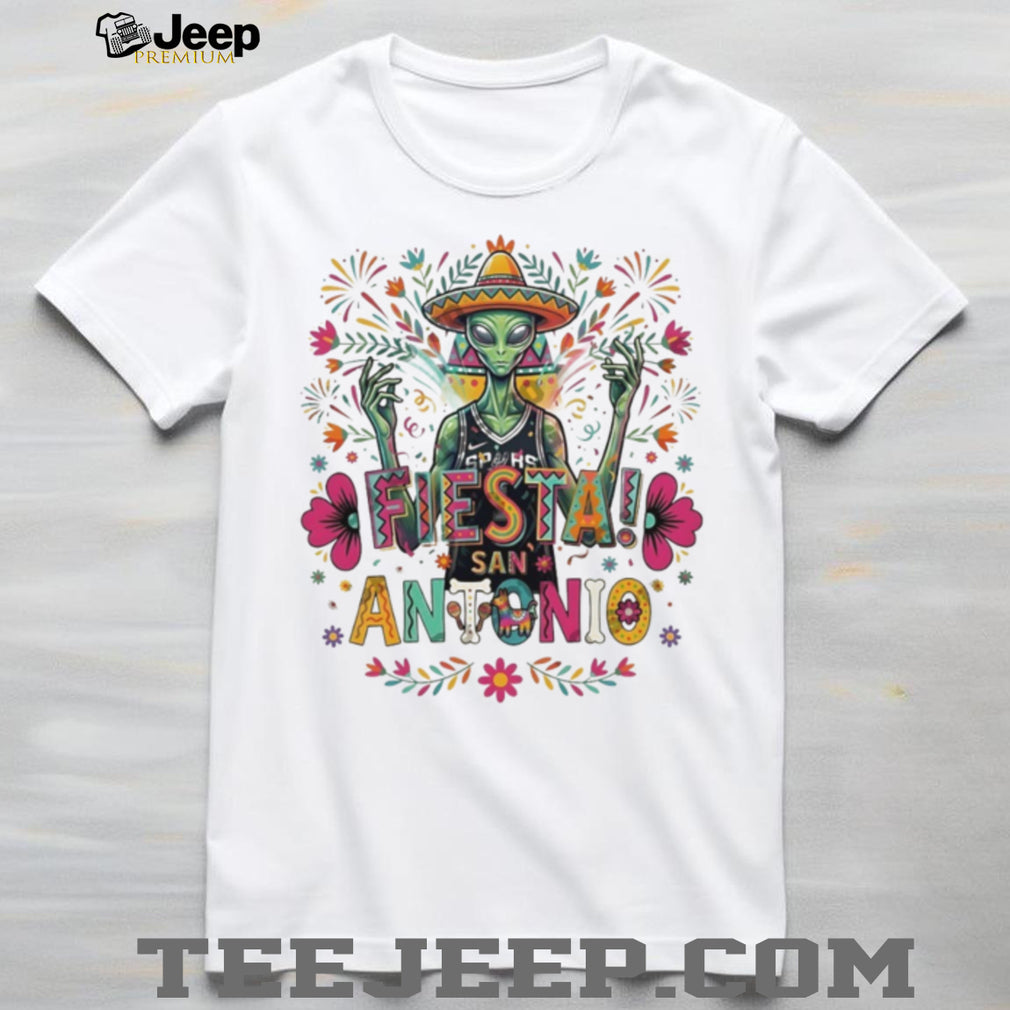 Fiesta San Antonio Alien Sombrero Spurs Basketball White Graphic T Shirt