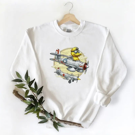 Fighter Plane With Duck Pilot Unisex Tshirt Sweatshirt Hoodie, for duck hunters, husbands and Mallard duck lovers Cotton Womenswear